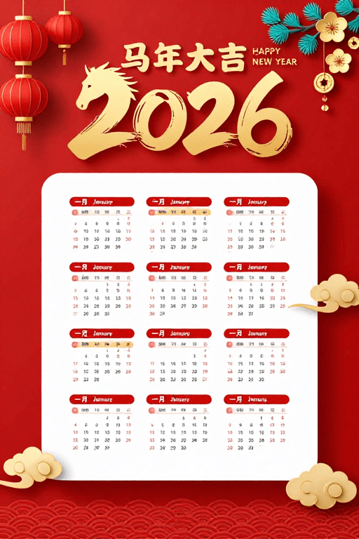 马年素材：2026丙午马年新日历海报：喜庆中国风设计