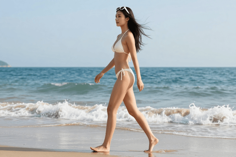 清新色彩素材：清新海边度假：亚洲女性踏浪而行的高清优雅瞬间