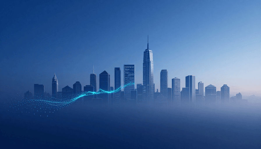 商务科技素材：未来职场：流线轮廓与粒子光影的极简都市晨曦