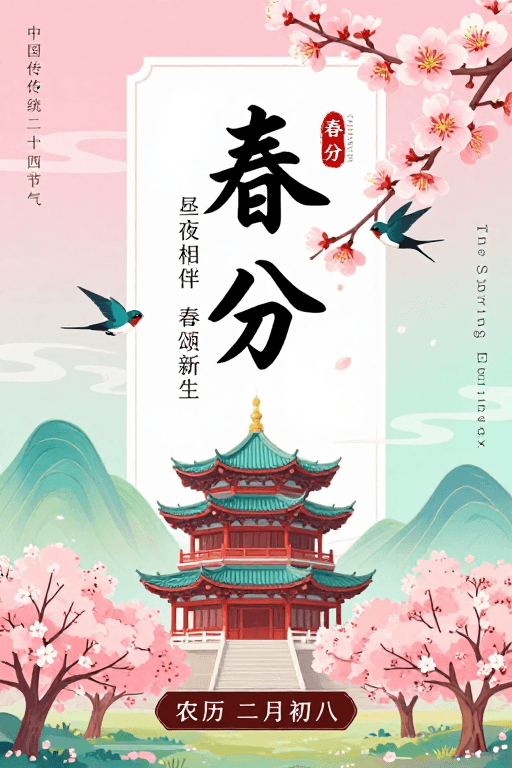 春分节气素材：春分·中国风节气海报：樱花燕子与书法艺术