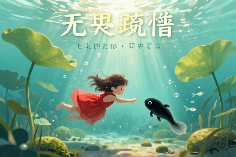 光影艺术素材：梦幻水下童话：红裙少女与黑蝌蚪的邂逅