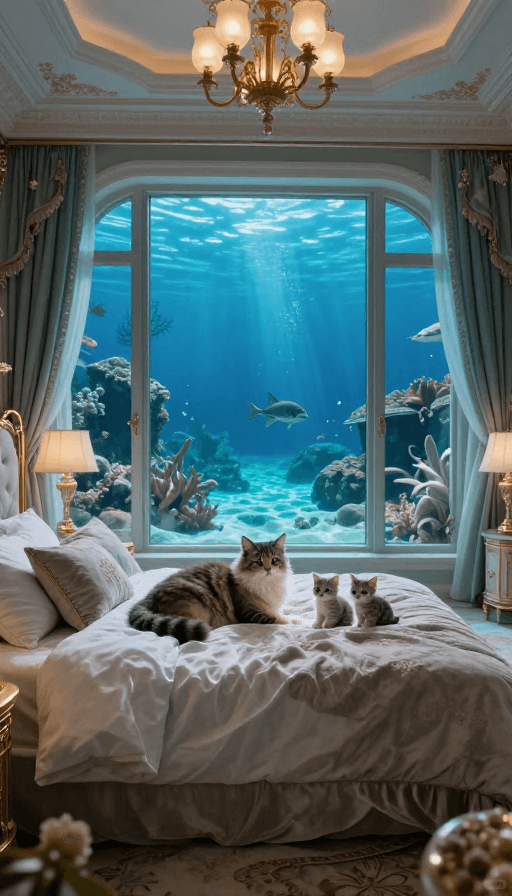 海洋风光素材：深海别墅：奢华海景大床房里的温馨猫窝