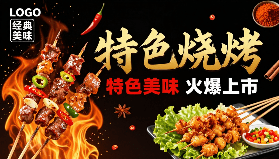 烧烤美食素材：食欲冲击：特色烧烤金色立体美食海报