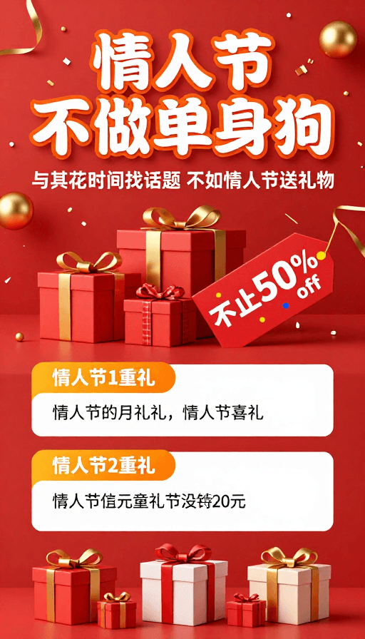 中国红设计素材：情人节促销海报 热烈送礼 拒绝单身