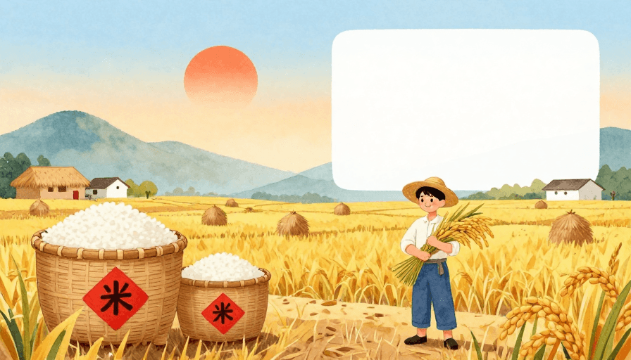 留白设计素材：暖黄水彩乡村丰收：稻香与夕阳的画卷