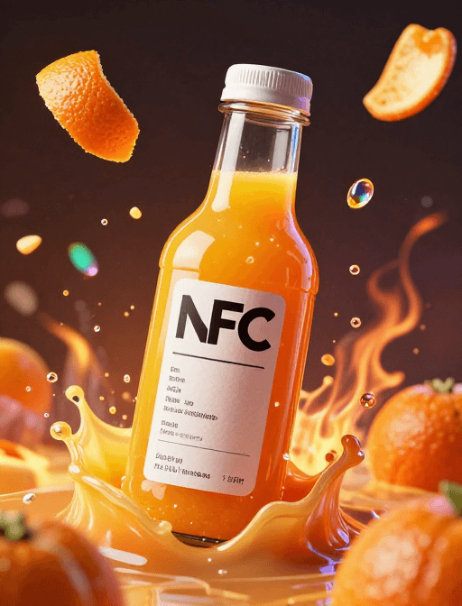 液体质感素材：橙汁瓶爆开瞬间：高速摄影捕捉NFC标签与火焰粒子速度感