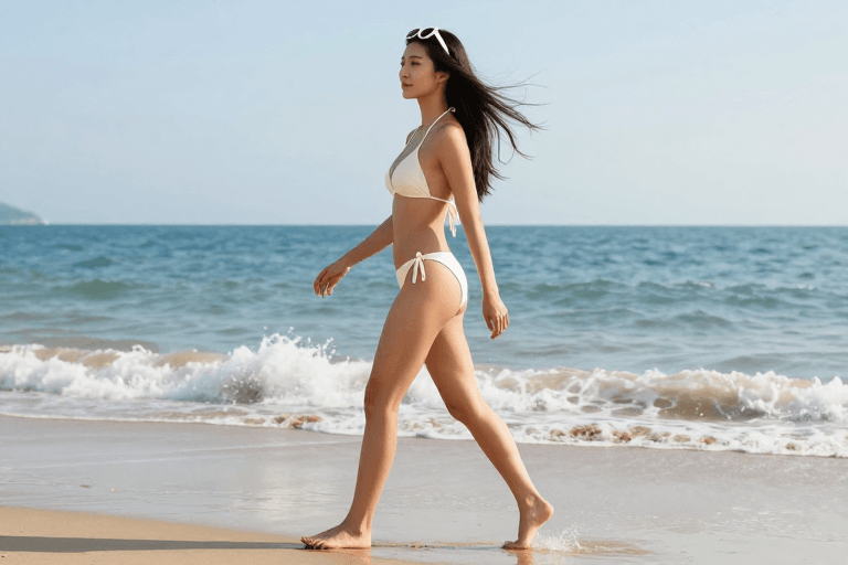 清新明亮素材：碧海蓝天下的优雅漫步：度假风情人像摄影