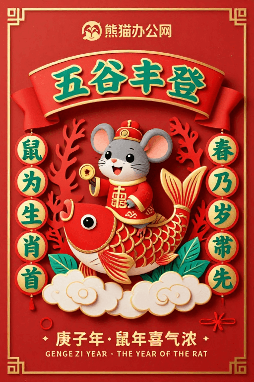 生肖鼠年素材：生肖鼠年中国风新年海报 传统剪纸立体艺术