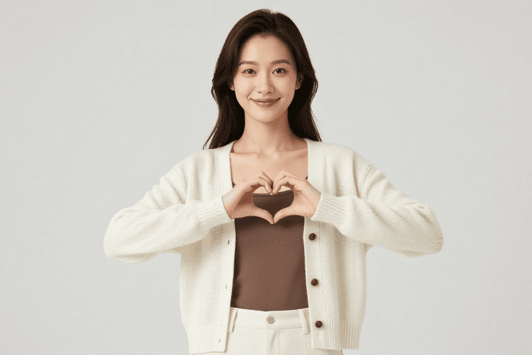 暖色调氛围素材：亚洲女性比心微笑：温暖针织装情感摄影