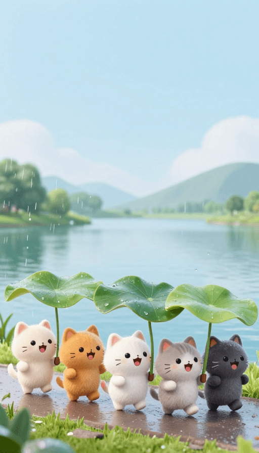 萌宠素材：萌趣雨天：五只小猫咪撑伞合唱