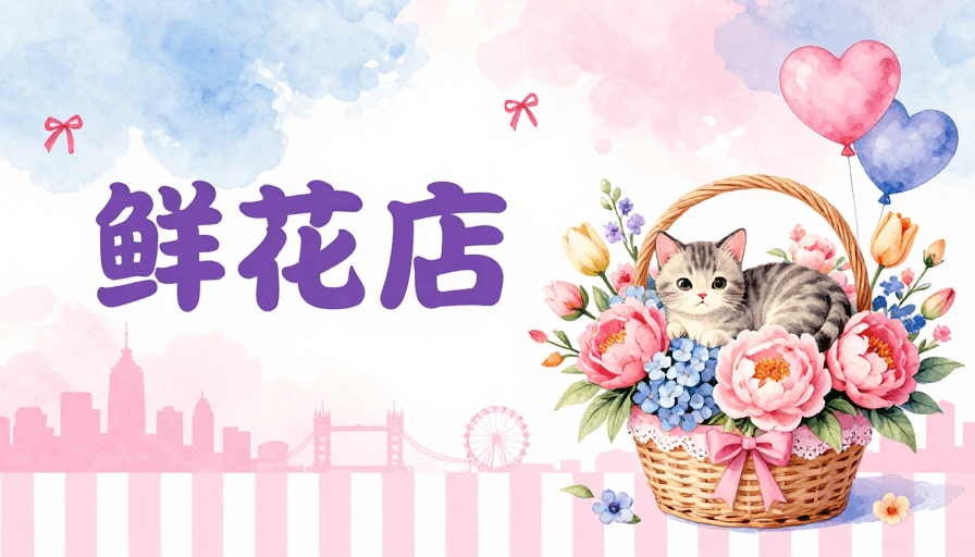 水彩插画素材：粉蓝紫水彩鲜花店浪漫海报插画