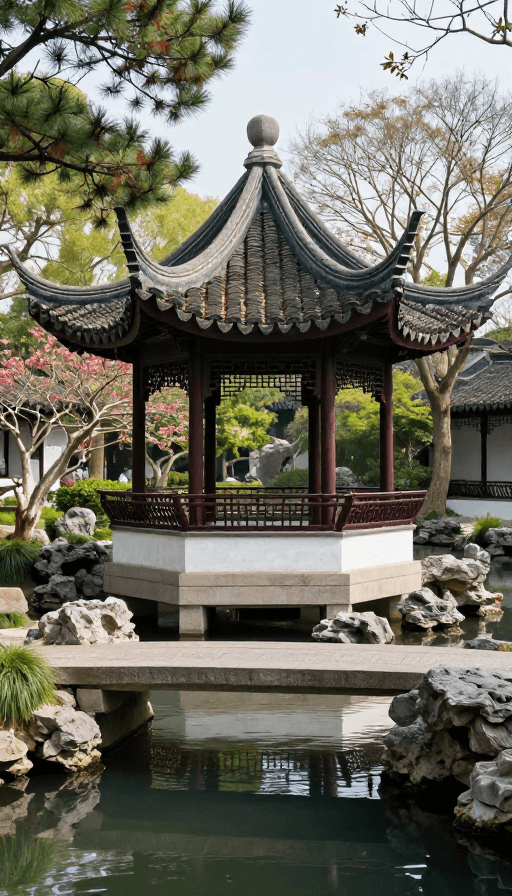 古典园林素材：古典园林美景：亭台楼阁与流水松柏的和谐画卷