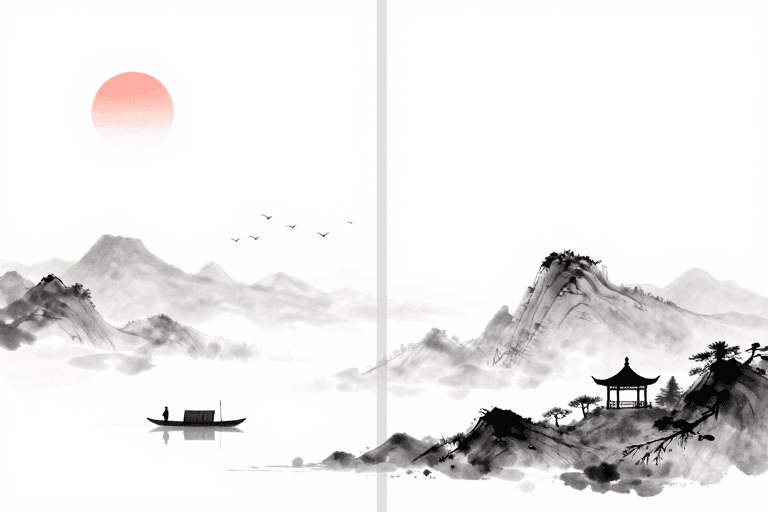 高端背景素材：极简新中式水墨山水双联画：留白与墨韵的禅意融合