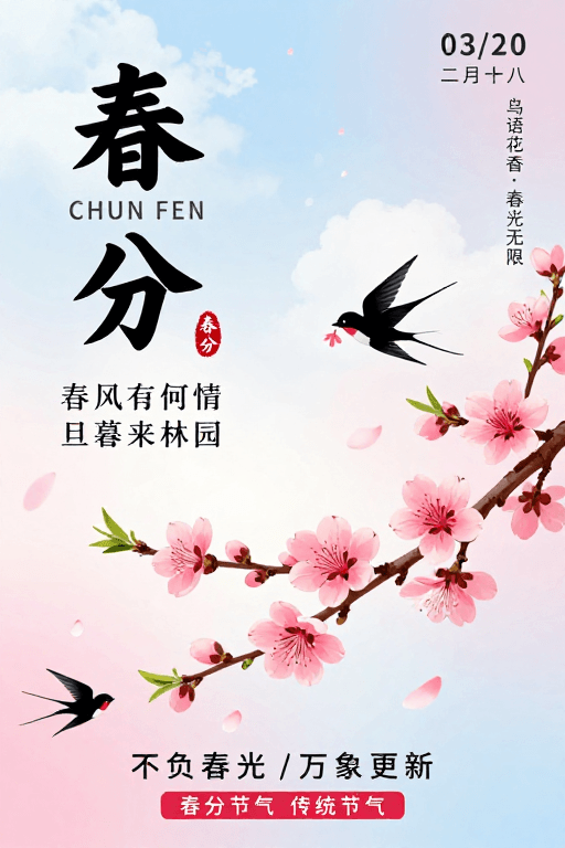 春分节气素材：水墨桃花燕子春分海报设计