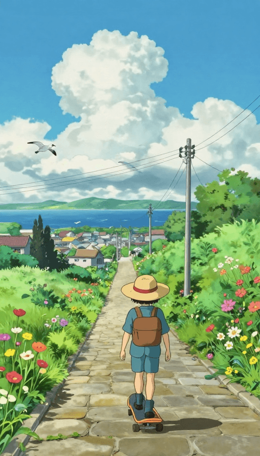 动画场景素材：宫崎骏夏日治愈风：草帽少年滑板漫游