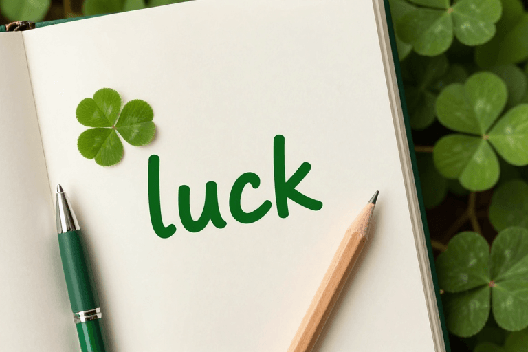 清新摄影素材：幸运主题：绿意四叶草与手写‘luck’的清新摄影