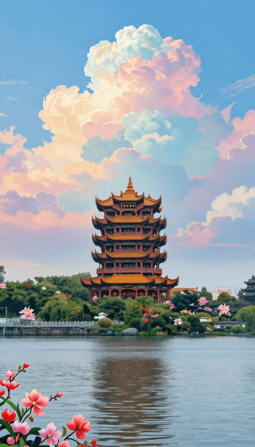 黄鹤楼素材：七彩祥云下的黄鹤楼与古塔