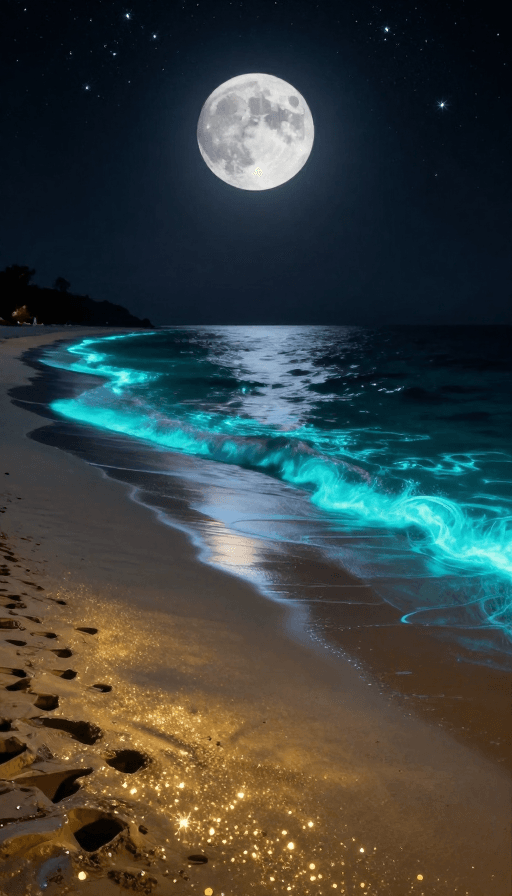 高清画质素材：梦幻荧光海滩夜景：月光与星辰的浪漫交响