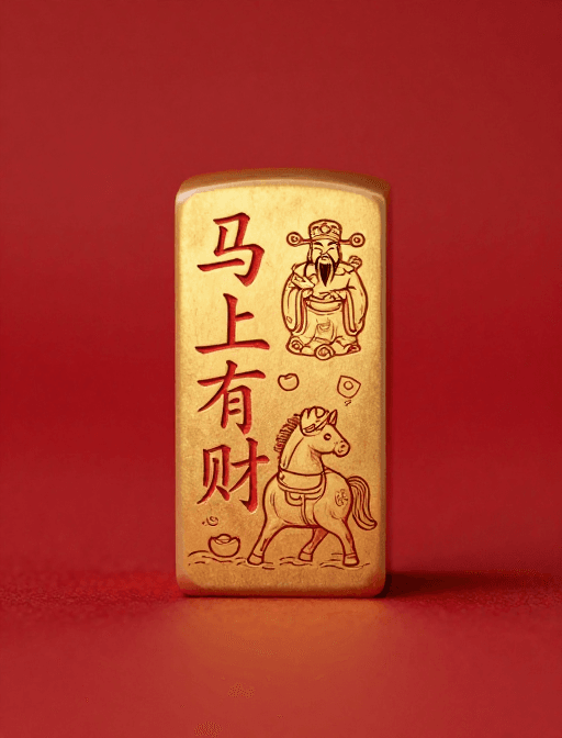 财神爷素材：鎏金印章'马上有财':极简红底财神萌马插图