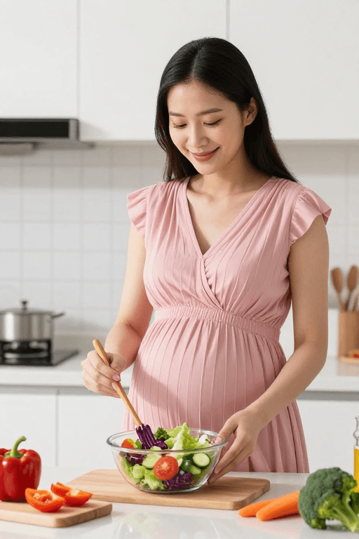 广告级品质素材：孕期健康：温馨厨房中的美味沙拉时光