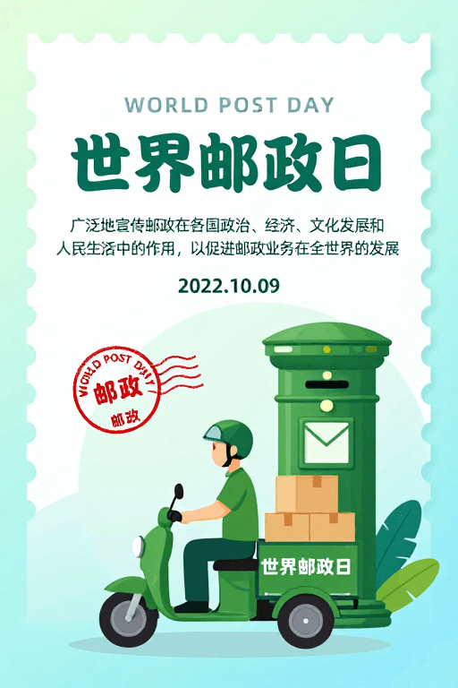 卡通风格素材：清新蓝绿渐变世界邮政日扁平插画海报
