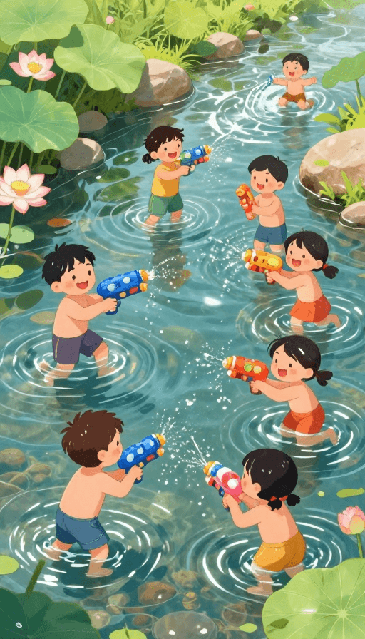 宣传素材素材：夏日童趣：插画风小溪玩水时光