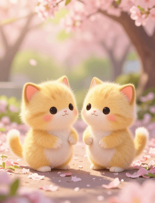 高饱和色调素材：春日童话：萌猫粉嫩初生温馨邂逅