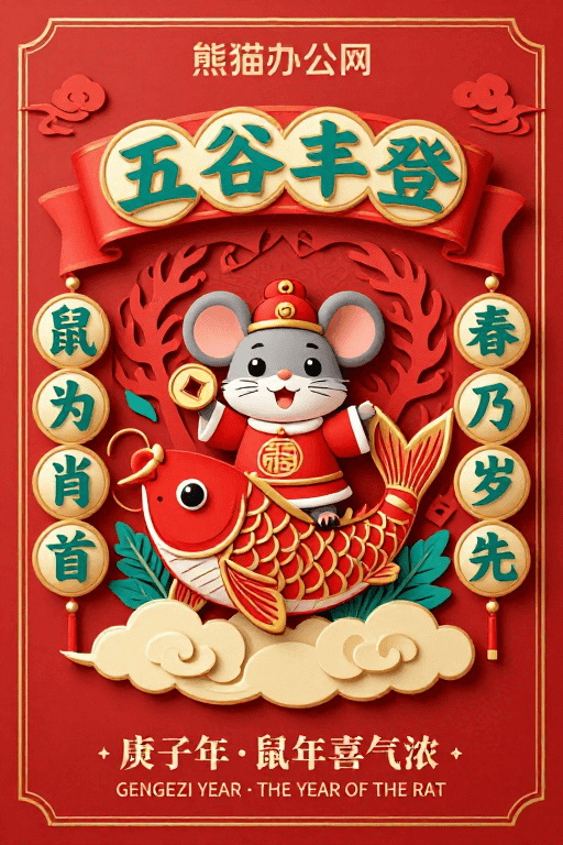 新年海报素材：鼠年吉祥生肖海报：中国风剪纸与浮雕立体插画