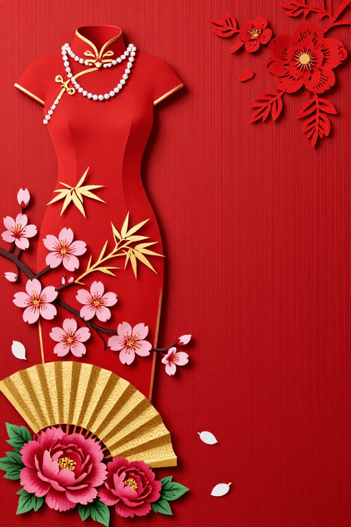 工笔插画素材：红色丝绸背景剪纸旗袍·传统节庆美学艺术图