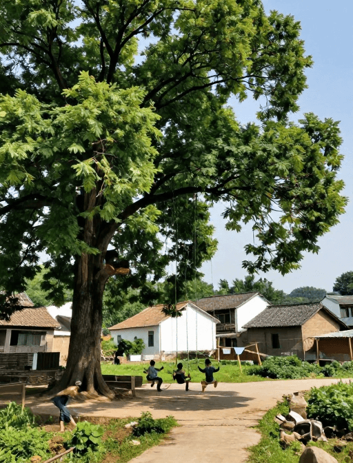 中国农村素材：中国乡村夏日童趣：老画报风下的秋千时光
