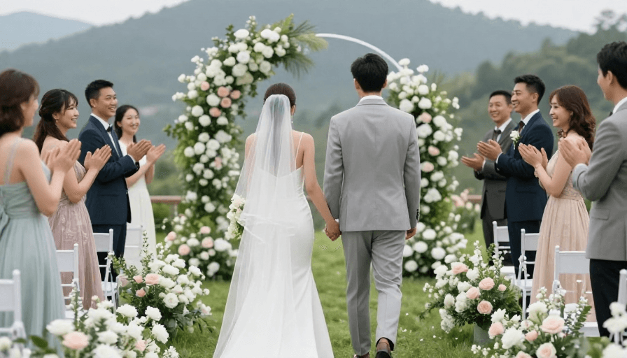 新人合影素材：幸福时刻：亚洲新人在花园中携手走向未来