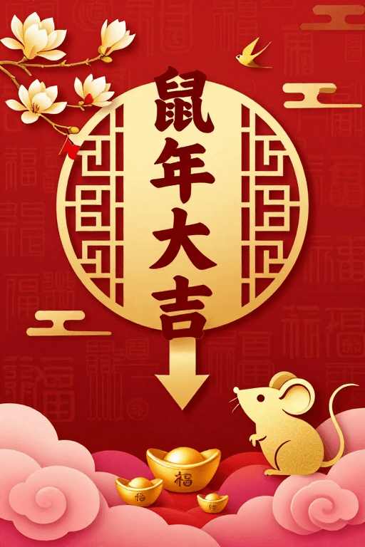 中国风新年素材：金红配色的传统鼠年新春海报设计