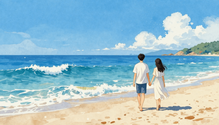 高饱和度素材：东方治愈：高饱和水彩手绘海滩情侣背影插画