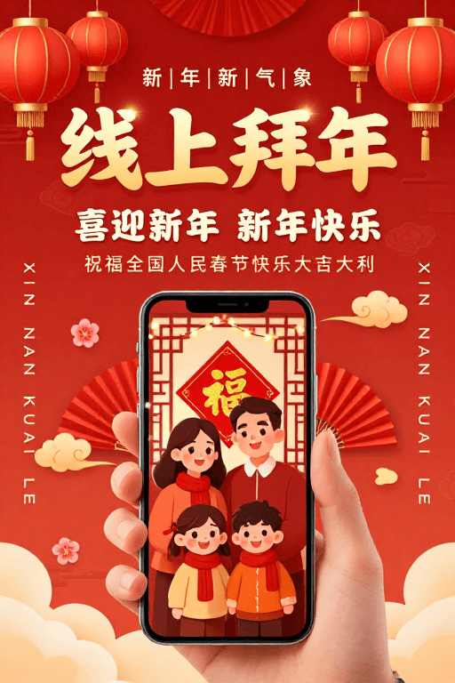 金红配色素材：中国风新年线上拜年海报，金红宫灯福字传递喜庆团圆