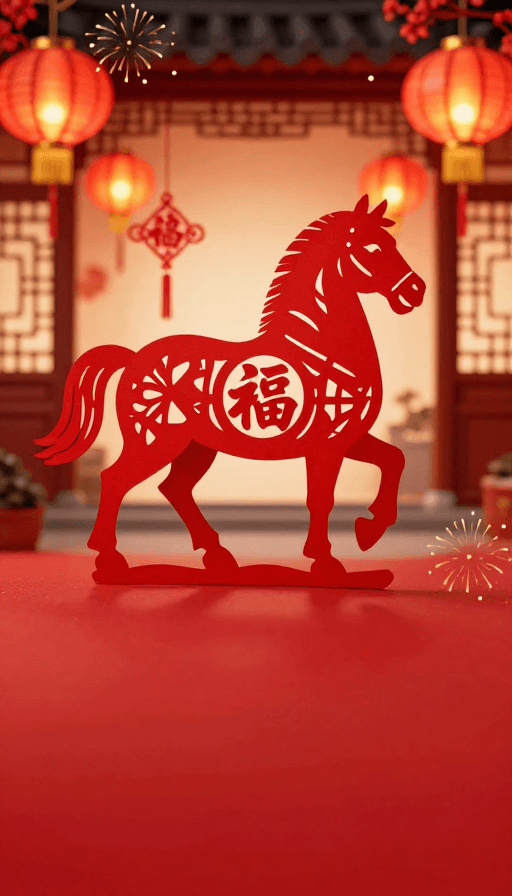 红色剪纸素材：喜庆剪纸红马：中国风节庆主视觉