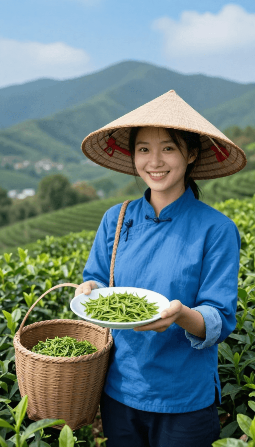 茶园风景素材：清新茶园里微笑的采茶女
