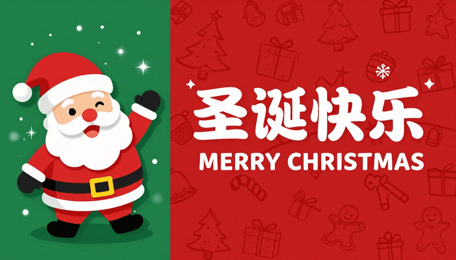 红绿配色素材：圣诞快乐：红绿配色扁平插画风格节日海报
