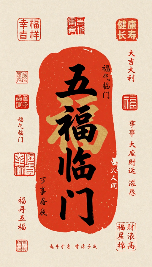 高端壁纸素材：国潮篆刻艺术：朱砂红福字狂草印文设计