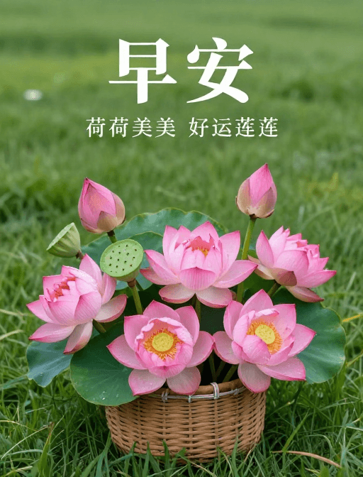 好运寓意素材：早安荷花篮：绿意盎然的好运祝福