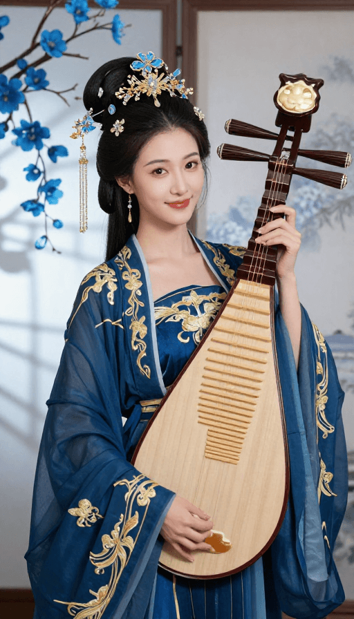 冷色调人像素材：深蓝金绣汉服琵琶女子古风肖像