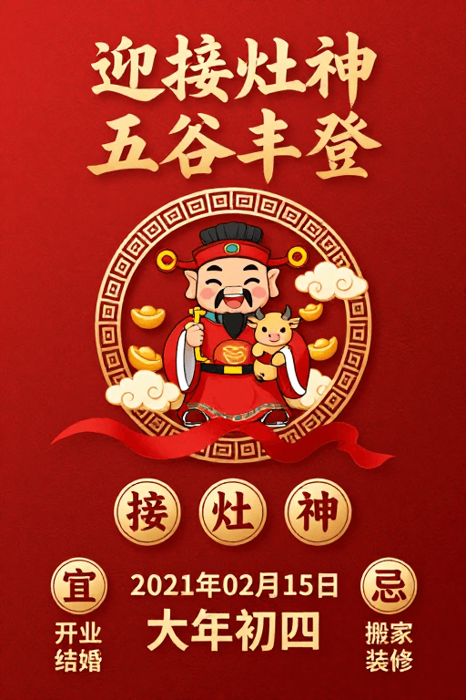 日历设计素材：传统灶神迎福：春节吉祥插画