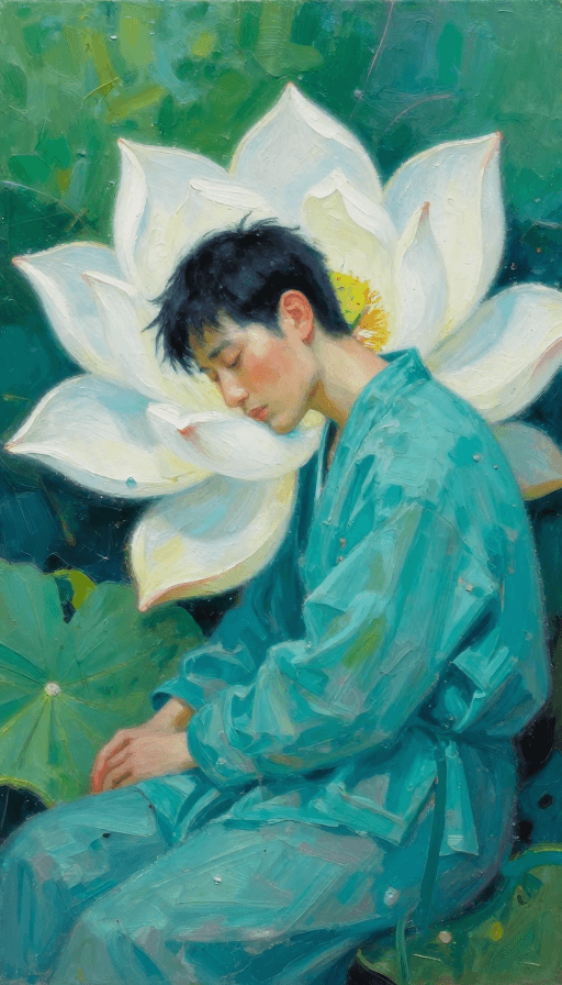 艺术感素材：宁静莲影：厚涂油画中的静谧男修