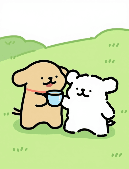 色彩鲜艳素材：温馨治愈：棕白小熊草坪上的悠闲茶水时光