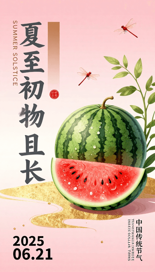 新国风插画素材：新国风夏至海报：粉金渐变与清新夏日插画