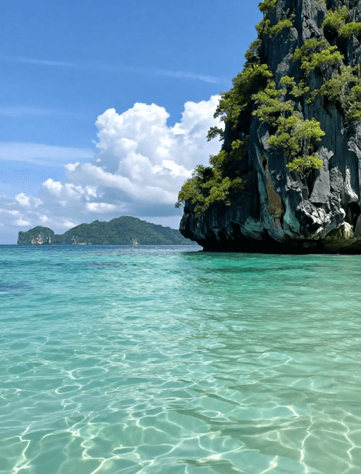 海洋风光素材：碧蓝海光与翠绿峭壁：绝美度假风光大片