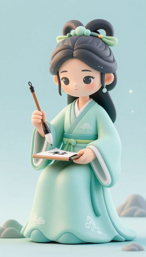 文化传承素材：国风少女执笔书写，梦幻颗粒感唯美瞬间