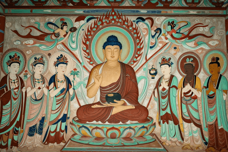 文化遗产素材：敦煌莫高窟唐代佛说法壁画高清艺术摄影展示