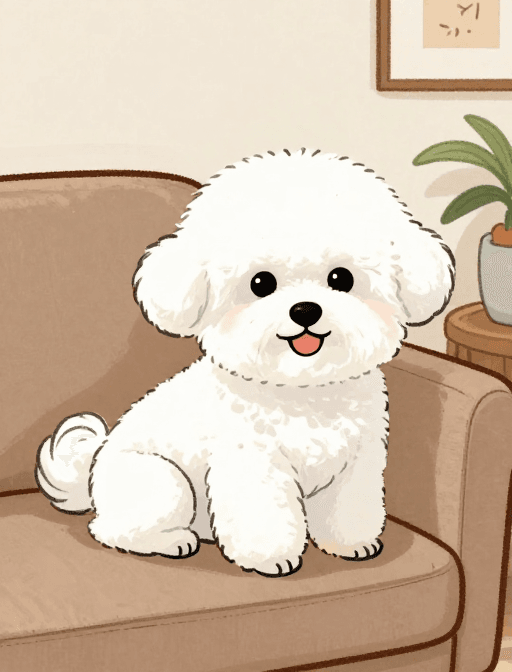 国风插画素材：国潮风格白色比熊犬居家沙发插画