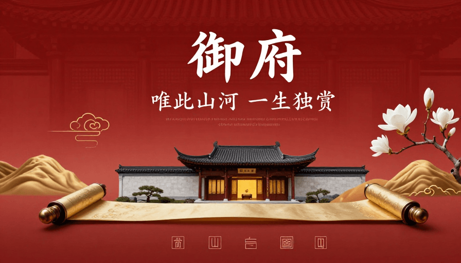 新中式设计素材：新中式御府：鎏金卷轴中的尊贵庭院意境