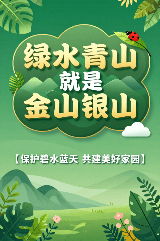 绿色生态素材：绿色生态公益海报：清新山水插画传递环保理念